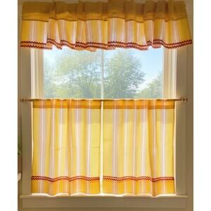 Vintage 1970s Scandinavian Mesh Cafe Curtains Yellow Striped Groovy Kitchen